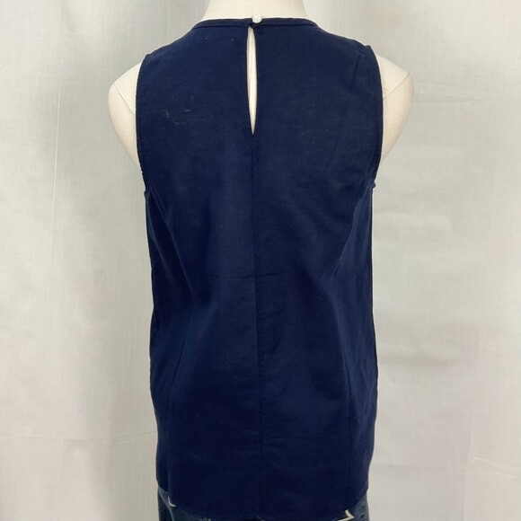 J. Crew Sleeveless Navy Top Linen Embroidered Shirt Peasant Top Sz 0 New - Picture 4 of 4